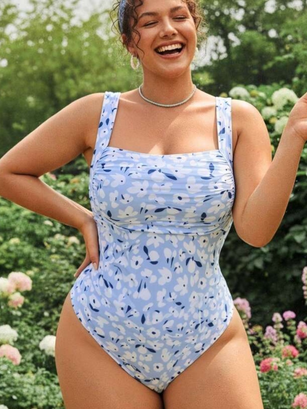 Light Blue Floral One-Piece Swimsuit